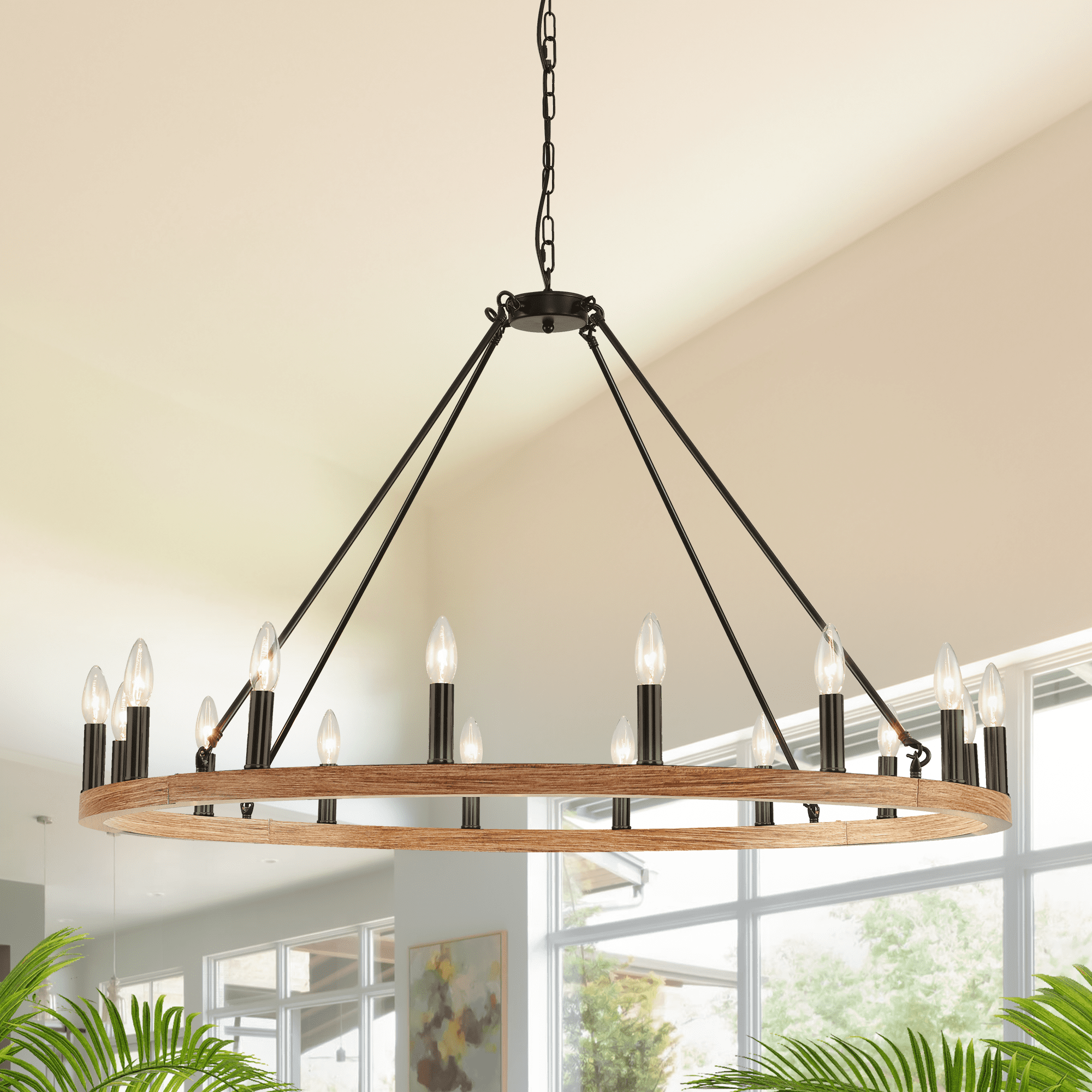 LovingAHome Walnut Wagon Wheel Chandelier 43" Wide Industrial 16-Light Fixture for Dining Room House Foyer Kitchen Island Entryway
