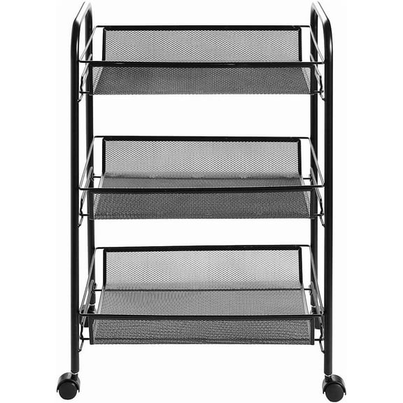 Lovinland 3 Tier Rolling Cart, Mesh Utility Cart Storage Rack with Hooks Wire Basket Shelving Trolley Cart for Kitchen Office (Black)