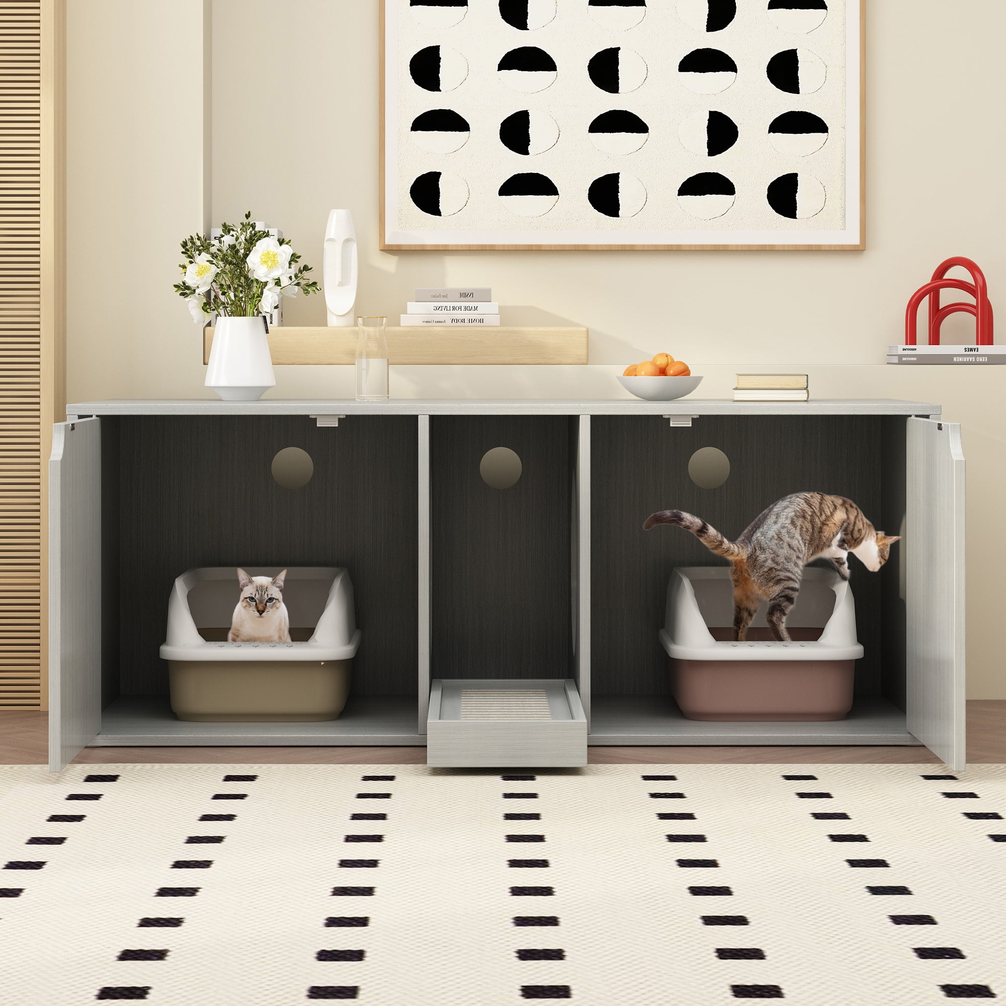 Lovinouse Hidden Cat Litter Box Enclosure Furniture, Cat Washroom with Litter Catch and Hook