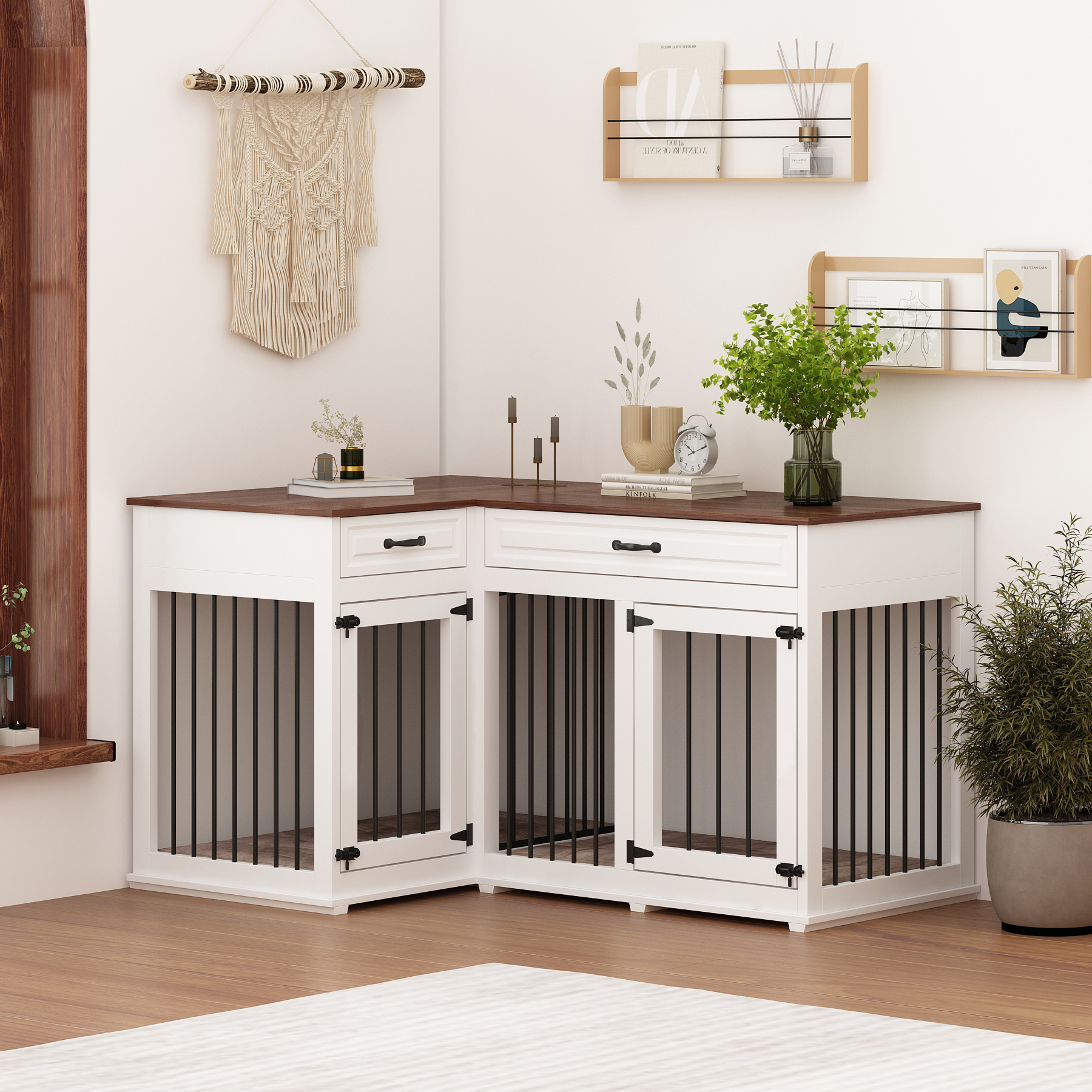 Lovinouse L Shaped Corner Dog Crate Furniture with Drawer, White