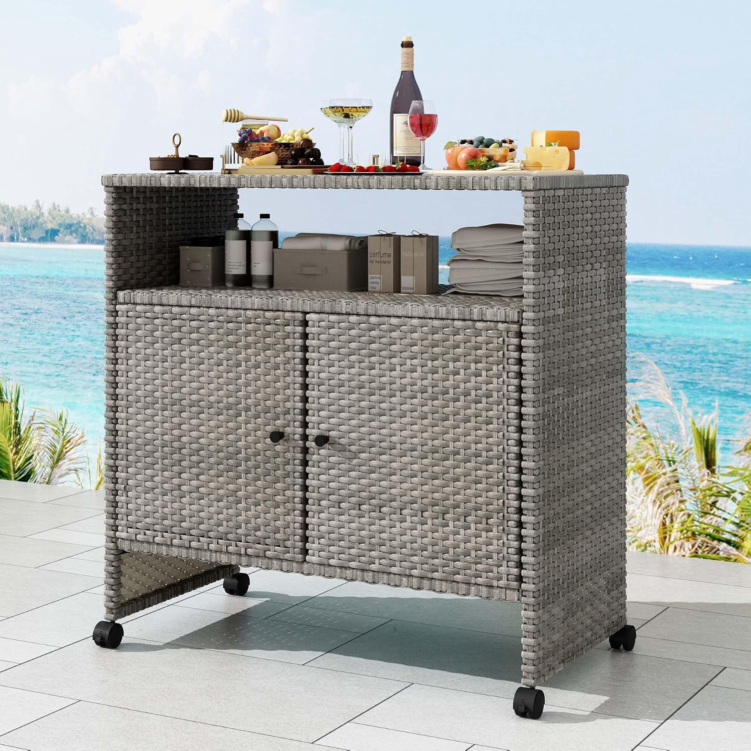 Lovinouse Outdoor Storage Table, Large Wicker Buffet Cabinet BBQ & Bar ...