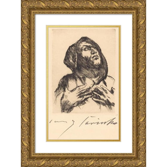 Lovis Corinth 13x18 Gold Ornate Wood Frame and Double Matted Museum Art Print Titled - Monk Gazing Upward (Monk with a Raised Look) (1916)