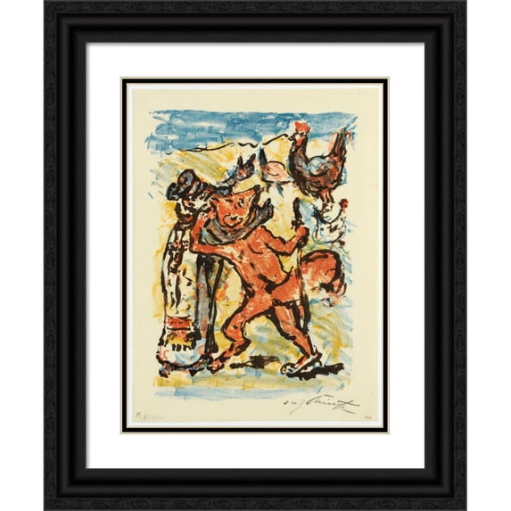 Lovis Corinth 19x24 Black Ornate Framed Double Matted Museum Art Print Titled: Reinecke and Grimbart of the Badger on the Pilgrimage Look at a Well -Eaten Rooster to Eat the Reinec