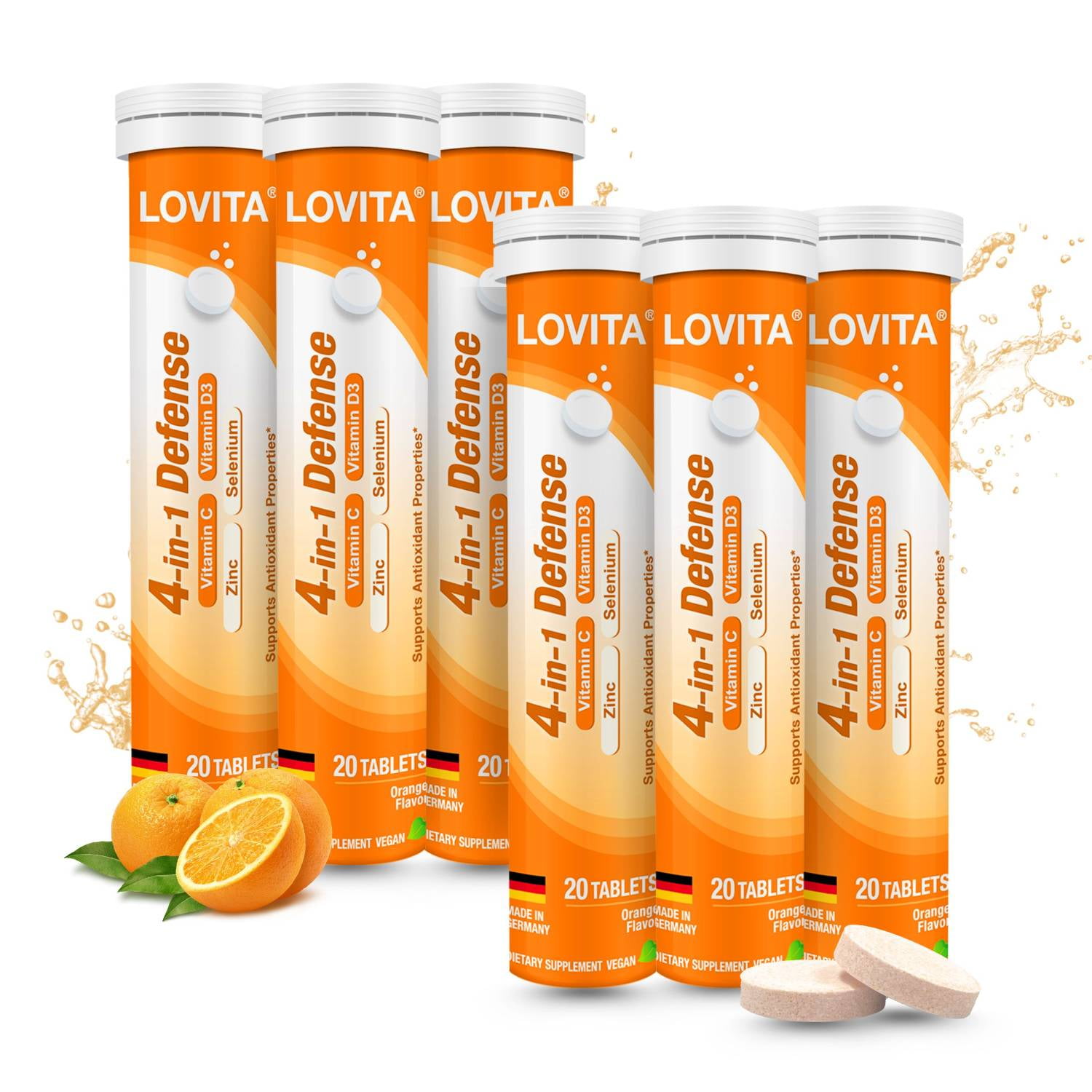 Lovita 4-in-1 Defense Vitamin C Immune Support Effervescent Tablets 20 Count, Vit D3, Zinc, Selenium, Antioxidant Support, Orange Flavor, Vegan, Gluten-Free, Sugar-Free, Lactose-Free (Pack of 6)