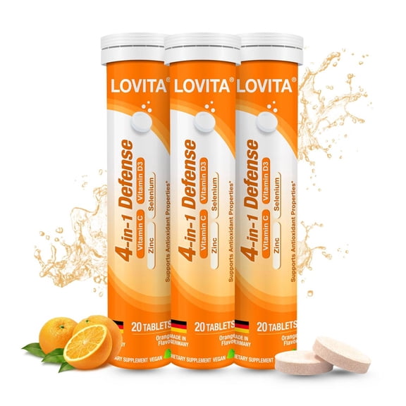 Lovita 4-in-1 Defense Vitamin C Immune Support Effervescent Tablets 20 Count, Vit D3, Zinc, Selenium, Antioxidant Support, Orange Flavor, Vegan, Gluten-Free, Sugar-Free, Lactose-Free (Pack of 3)