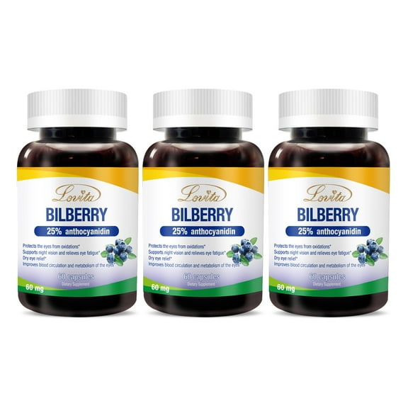Lovita Bilberry Extract 6000mg, 100:1 Extract, 25% Anthocyanins, 60 Capsules (Pack of 3)