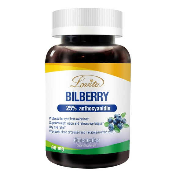 Lovita Bilberry Extract 6000mg, 100:1 extract, 25% anthocyanodins, 60 capsules 642415075244