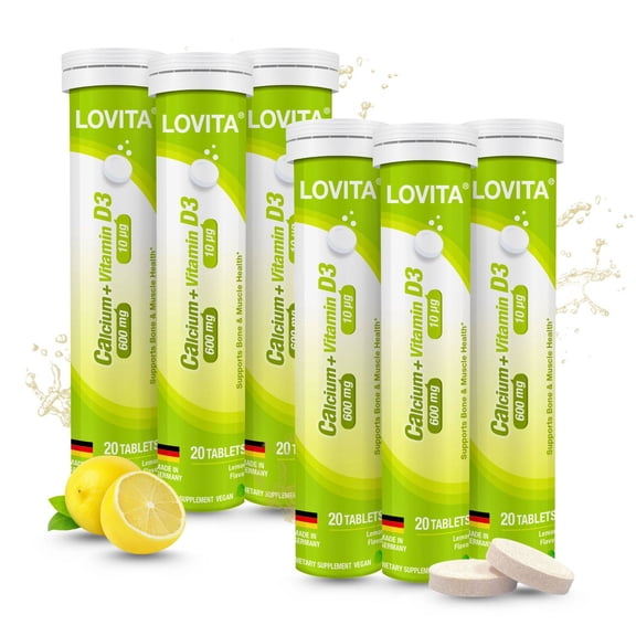 Lovita Calcium + Vit D3 Effervescent Tablets 20 Count, 600 mg Calcium with 400IU D3, Supports Bone & Muscle Health, Lemon Flavor, Vegan, Gluten-Free, Sugar-Free, Lactose-Free (Pack of 6)