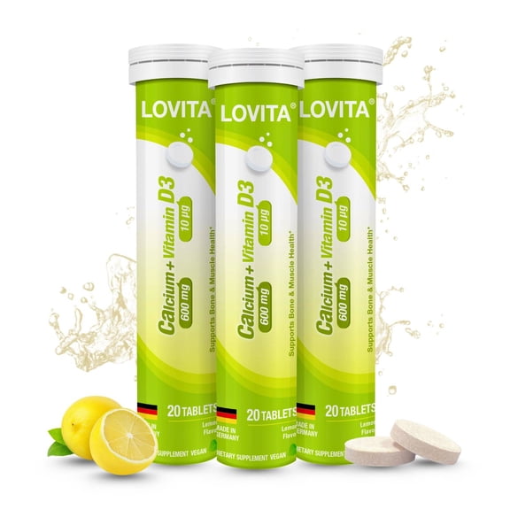 Lovita Calcium + Vit D3 Effervescent Tablets 20 Count, 600 mg Calcium with 400IU D3, Supports Bone & Muscle Health, Lemon Flavor, Vegan, Gluten-Free, Sugar-Free, Lactose-Free (Pack of 3)