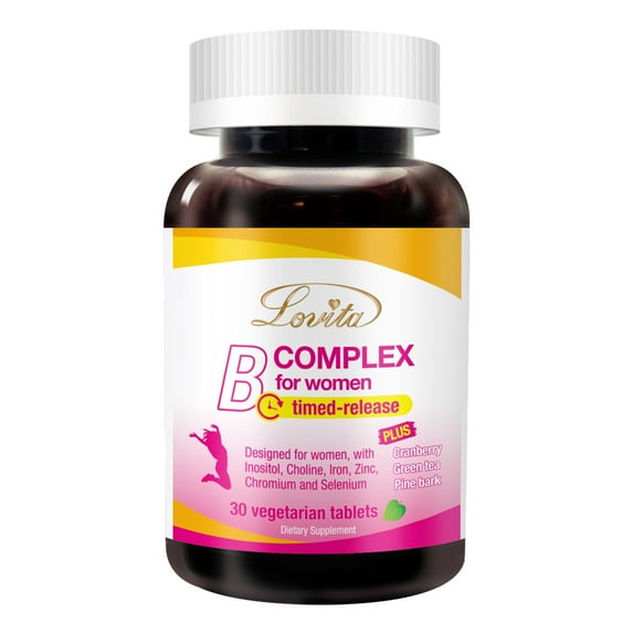 Lovita High Potent Vitamin B Complex for Women, Time Release, All B Vitamins with Iron, Vitamin C, Cranberry, Pine Bark, Green Tea for Energy, 30 Vegetarian Tablets