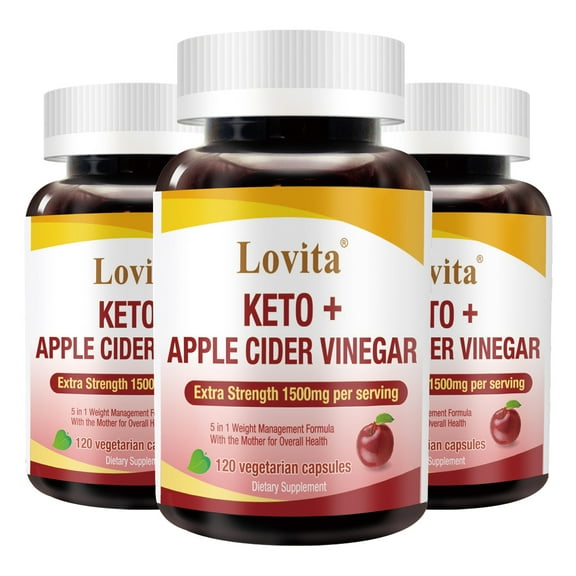 Lovita KETO + Apple Cider Vinegar, Ketogenic Diet Support with MCT Oils, Ginger, Cayenne Pepper & Black Pepper | Support Healthy Detox, Ketosis, Energy, Metabolism | 120 Vegan Capsules (Pack of 3)
