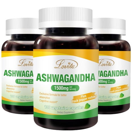 Lovita KSM-66 Ashwagandha | Highly Concentrated 22,500mg Equivalent | 5% Withanolide | 95% Black Pepper Piperine | Stress Relief & Energy Support | Vegan, Gluten Free | 130 Capsules (Pack of 3)