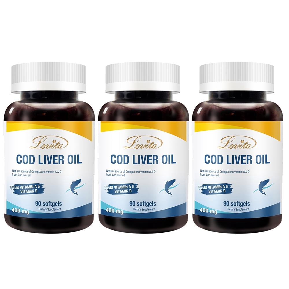 Lovita Natural Norwegian Cod Liver Oil 400mg, High Absorption TG Form, Omega-3 DHA & EPA with Vitamin A & D, Easy-to-Swallow, Non-Fishy, 90 Mini Softgels (Pack of 3)