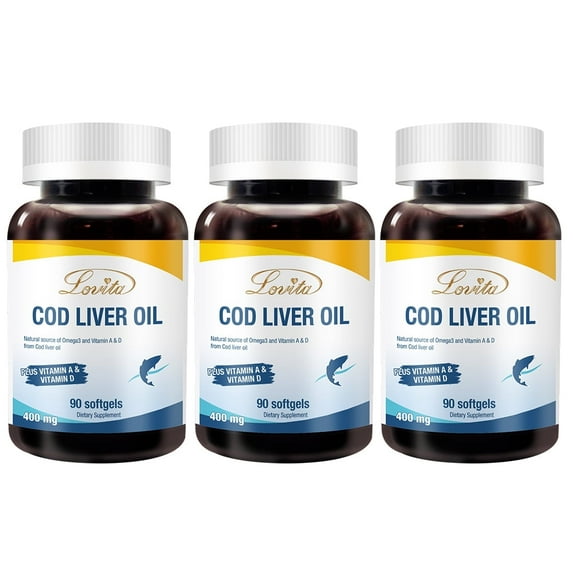 Lovita Natural Norwegian Cod Liver Oil 400mg, High Absorption TG Form, Omega-3 DHA & EPA with Vitamin A & D, Easy-to-Swallow, Non-Fishy, 90 Mini Softgels (Pack of 3)