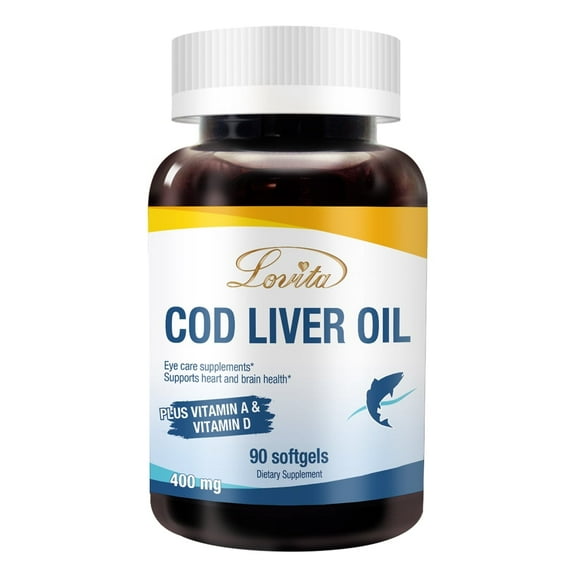 Lovita Natural Norwegian Cod Liver Oil 400mg, High Absorption TG Form, Omega-3 DHA & EPA with Vitamin A & D, Easy-to-Swallow, Non-Fishy, 90 Mini Softgels