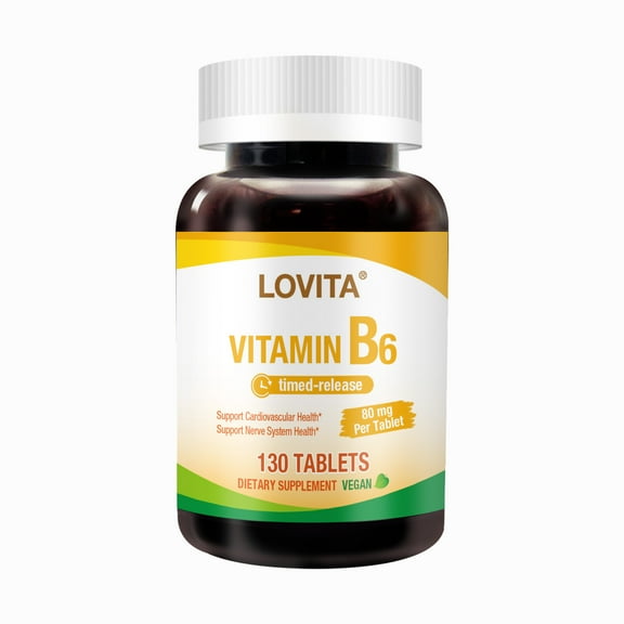 Lovita Vitamin B6 (Pyridoxine Hydrochloride) 80mg, Timed Release, 8 Hours Sustained, Support Cardiovascular & Nerve Health, 130 Vegan Tablet