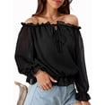 thumbnail image 1 of Lovito Boho Plain Ruffle Neck Off The Shoulder Bishop Sleeve Blouses, 1 of 1