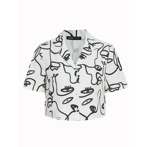 Lovito Casual Blouses Hand Painted Collar Neck Short Sleeve For Women Regular Fit Button Front Summer Crop Top