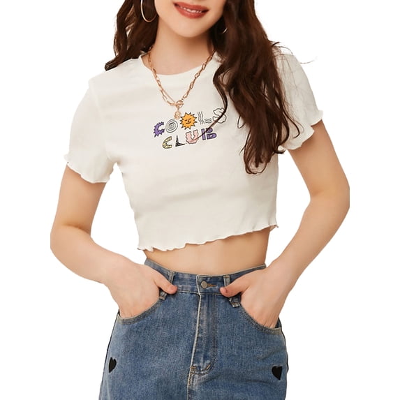 Lovito Casual Graphic Print Rib Knit Lettuce Edge Crop Top T-Shirts For Women