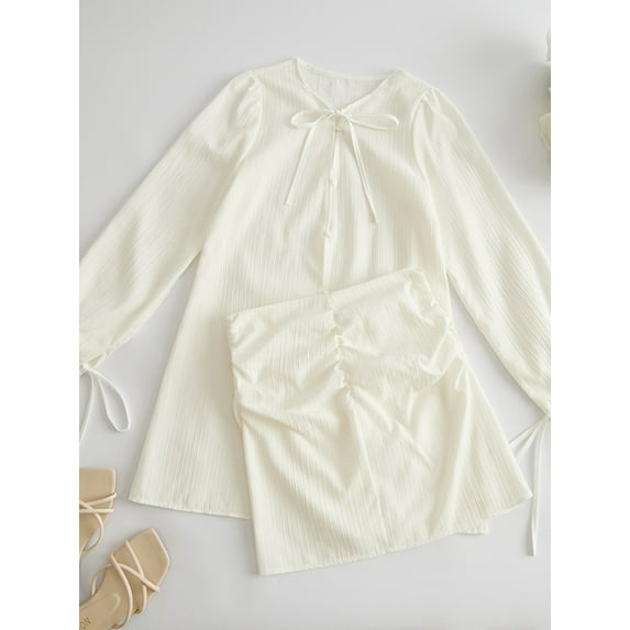 Lovito Casual Plain Long Sleeve Ruched Bow Tied Neck Two Pieces Women Skirt Sets
