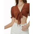 thumbnail image 1 of Lovito Casual Plain Tie Front Ruffle Deep V Neck Blouses, 1 of 5