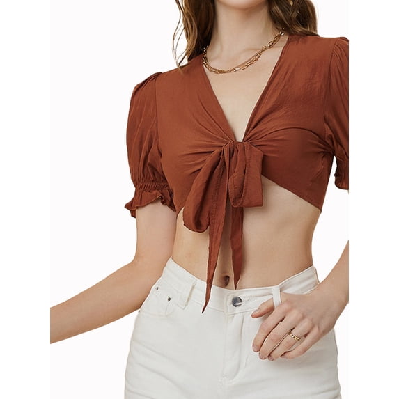 Lovito Casual Plain Tie Front Ruffle Deep V Neck Blouses