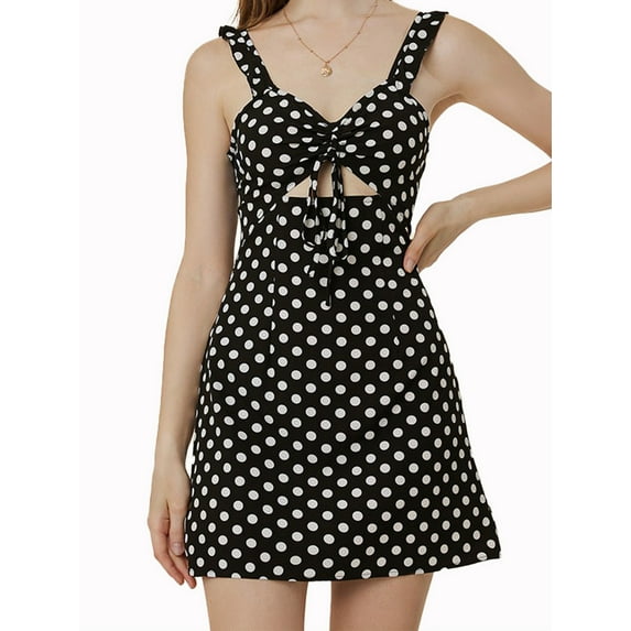 Lovito Casual Polka Dot Drawstring Cut Out Ruffle Dress