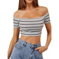 thumbnail image 1 of Lovito Casual Striped Off the Shoulder Cropped Summer T-Shirts, 1 of 5