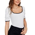 thumbnail image 1 of Lovito Elegant Plain Contrast Binding Puff Sleeve T-Shirts, 1 of 5