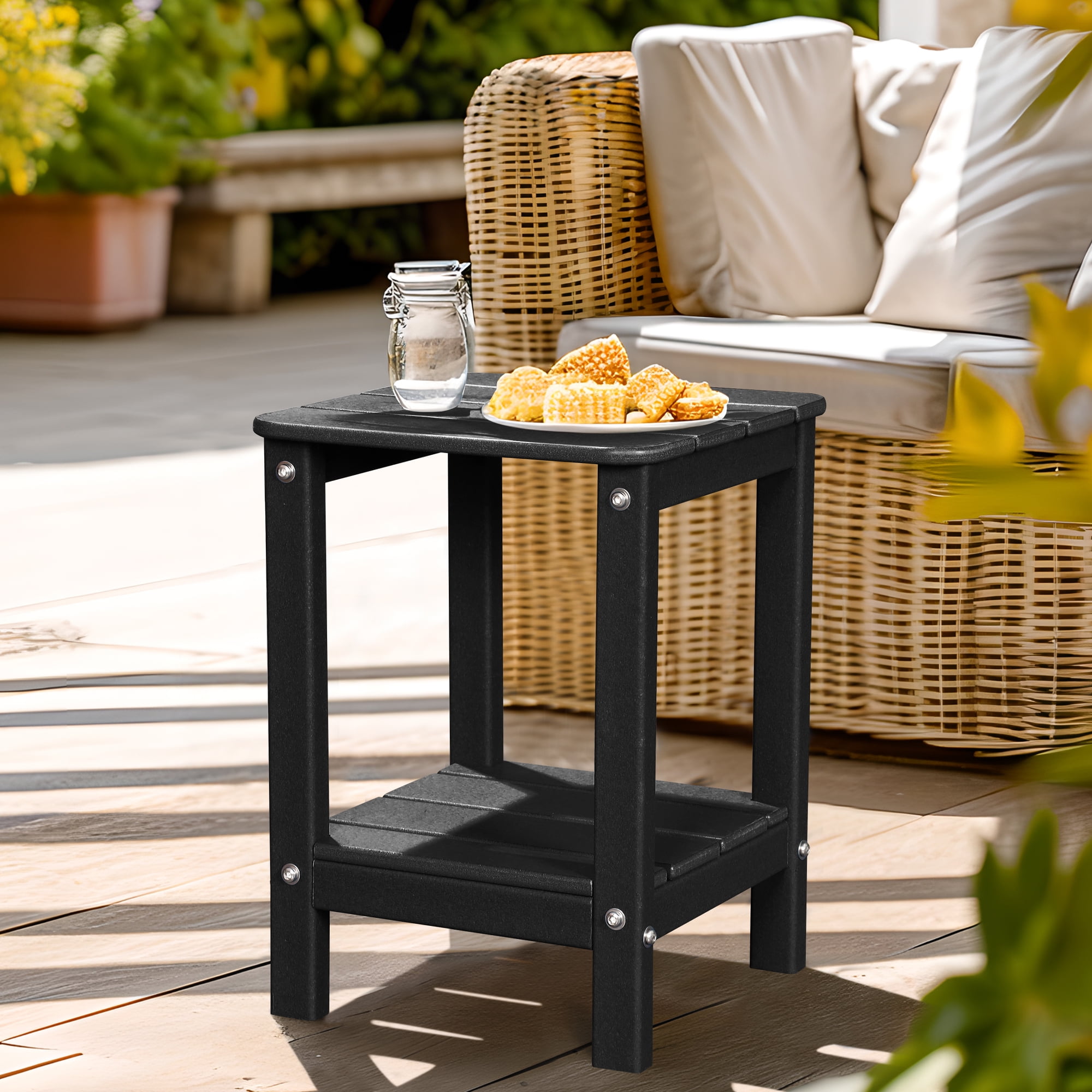 LovoIn Patio Garden Side Table With 2 Layer Storage Outdoor End Tables for Your Adirondack Chair Black
