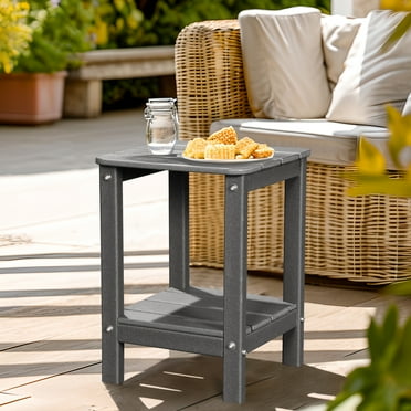 LovoIn | Patio Garden Side Table With 2 Layer Storage,Outdoor End Tables for Your Adirondack Chair - Gray
