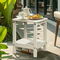 LovoIn | Patio Garden Side Table With 2 Layer Storage,Outdoor End Tables for Your Adirondack Chair - White