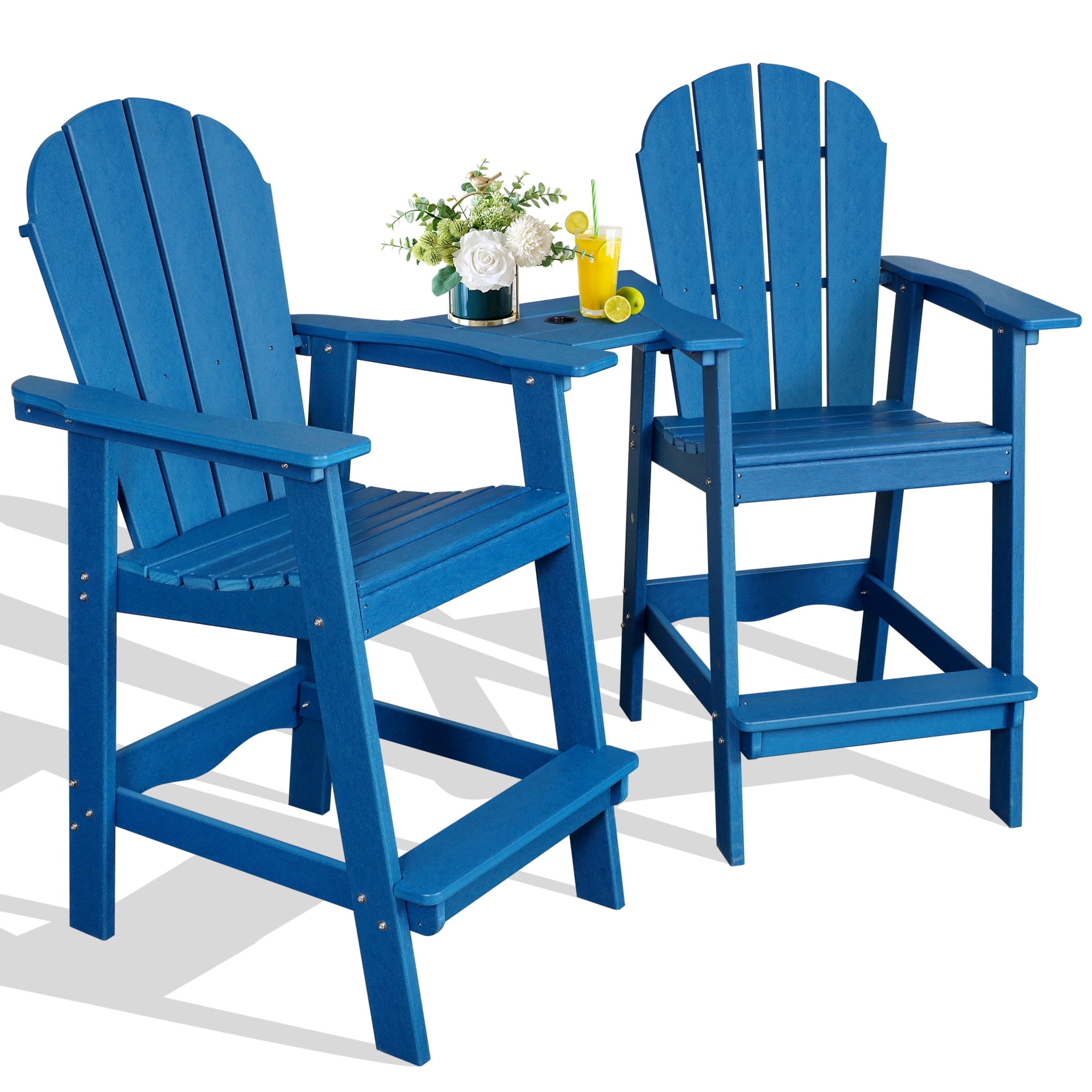LovoIn | Tall Adirondack Chairs Set of 2，Outdoor Adirondack Barstools with Double Connecting Tray Patio Stools Weather Resistant for Outdoor Deck Lawn Pool Backyard - Navy Blue