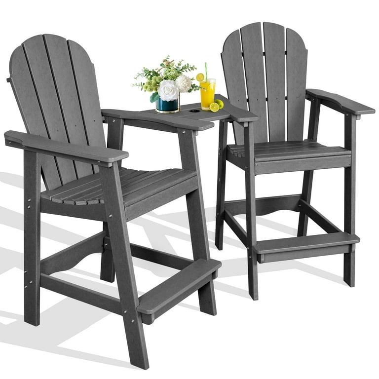 GARVEE Tall Adirondack Chairs Set of 2 HDPE Embossed Balcony Chair with Connecting Tray Umbrella Hole Patio Barstools with Wood Grain for Outdoor
