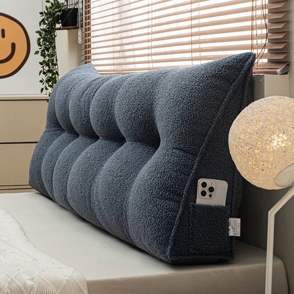 Lovote Triangular Headboard Pillow with Side Pockets - Teddy Velvet Fabric, Bed Rest Reading Pillow, Removable & Washable Cover, Daybed Wedge Pillow for King Beds, Smoky Blue