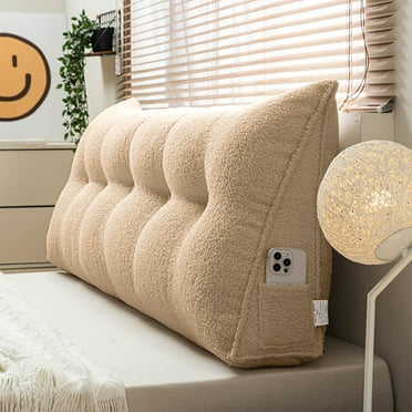 Lovote Triangular Headboard Pillow with Side Pockets - Teddy Velvet Fabric, Bed Rest Reading Pillow, Removable & Washable Cover, Daybed Wedge Pillow for Twin Beds, Light Brown