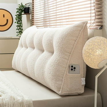Lovote Triangular Headboard Pillow with Side Pockets - Teddy Velvet Fabric, Bed Rest Reading Pillow, Removable & Washable Cover, Daybed Wedge Pillow for Twin Beds, Off-White