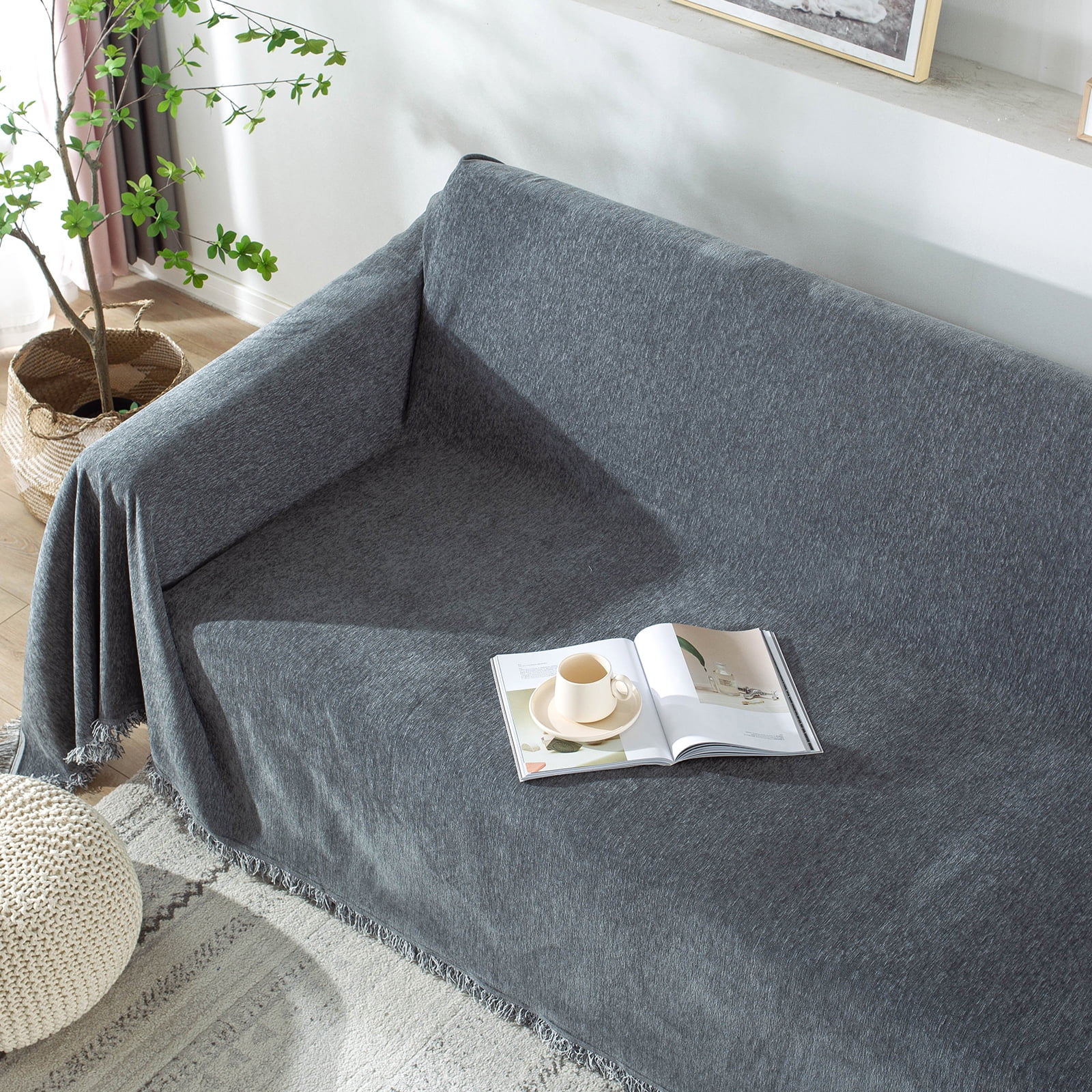 Lovote Water-Resistant Couch Cover Blanket Ultra Large Sofa Blanket Strong & Sturdy Sofa Cover for Furniture Protect Machine Washable Farmhouse Style Blanket Sofa Home Decor (Dark Gray, 91'' x 134'')