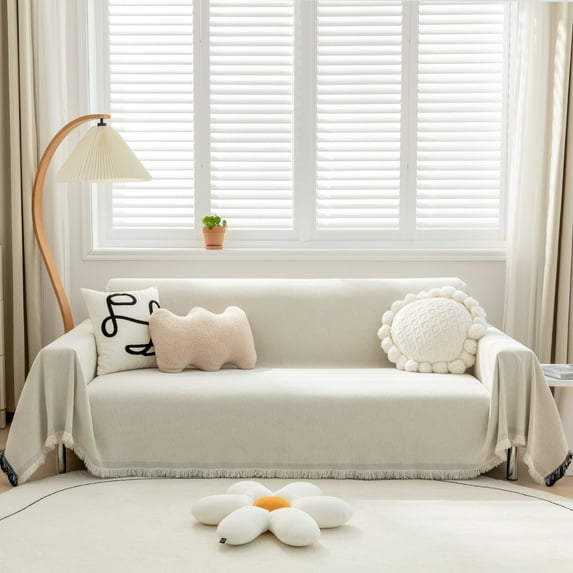 Lovote Water-Resistant Couch Cover Blanket Ultra Large Sofa Blanket Strong & Sturdy Sofa Cover for Furniture Protect Machine Washable Farmhouse Style Blanket Sofa Home Decor (White, 91'' x 134'')