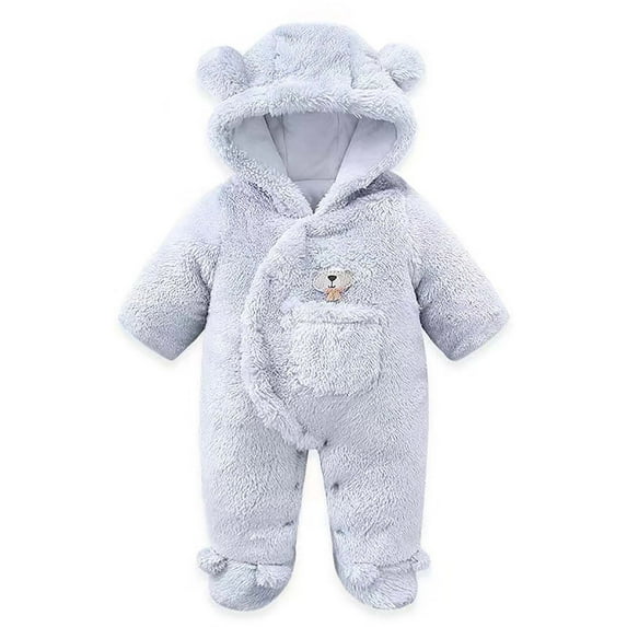 Zwiiyzr 2025 0-1T Newborn Baby Boys Girl Footie Rompers Hooded Fuzzy Fleece Bear Hooded Jumpsuit Long Sleeve Onesie Winter Warm Outwear Outfits Light Blue