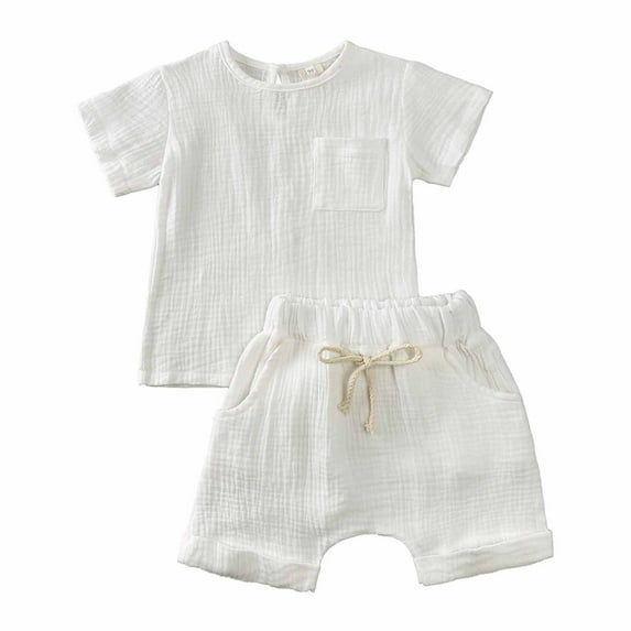 Lovskoo 0-3Years Baby Boy Girl Clothes Summer Outfits Crepe Gauze T-Shirt Short Sleeve Shorts With Pocket Two Piece Set Multi-Color Style White