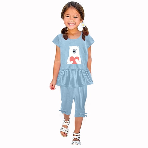 Lovskoo 1-10 Years Little & Big Girl Summer Outfits Cute Ruffle Short Sleeved Flutter Sleeve Elastic Waist Cropped Pants Daisy 2Pcs Clothing Set Light Blue