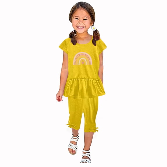 Lovskoo 1-10 Years Little & Big Girl Summer Outfits Cute Ruffle Short Sleeved Flutter Sleeve Elastic Waist Cropped Pants Daisy 2Pcs Clothing Set Yellow