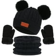 thumbnail image 1 of Zwiiyzr 1-11Y Kids 3 Pcs Winter Knit Beanie Hat Scarf and Gloves Set Thick Warm Ski Hat With Pompom for Girls Boys Black, 1 of 4