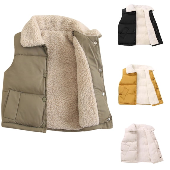 Gpaecead 1-12Y Baby Boys Girls Toddler Vest Jacket Kids Winter Fleece Jacket Girls Solid Button Coat Vest Thicken Warm Outwear Beige