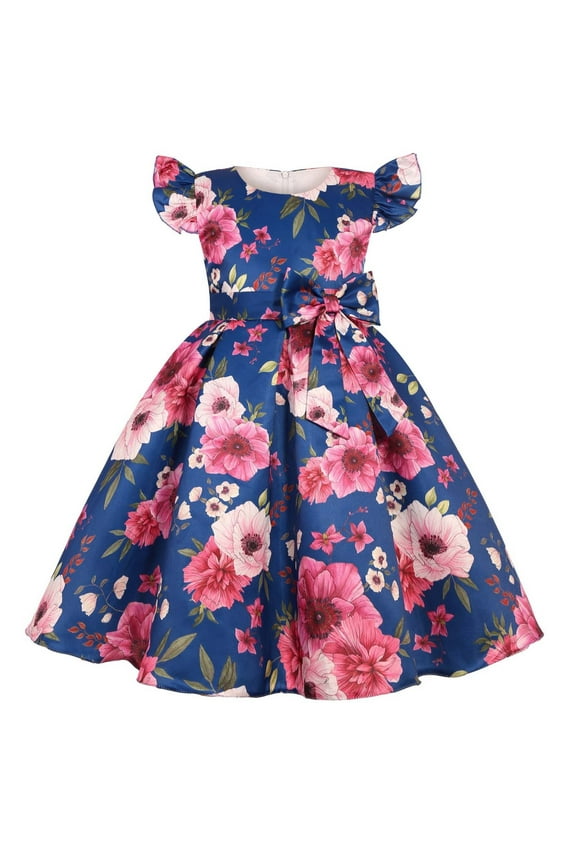 2-10Y First Communion Dress Flower Girl Dress Elegant Off Shoulder Satin A-Line Bridesmaid Princess Dress for Wedding Party Blue