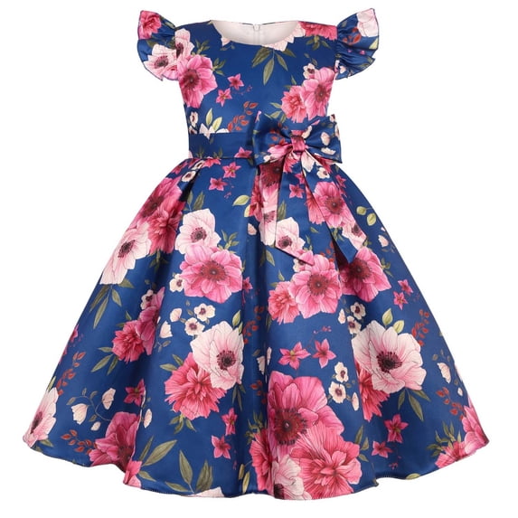 Zwiiyzr 2-10Y First Communion Dress Flower Girl Dress Elegant Off Shoulder Satin A-Line Bridesmaid Princess Dress for Wedding Party Blue