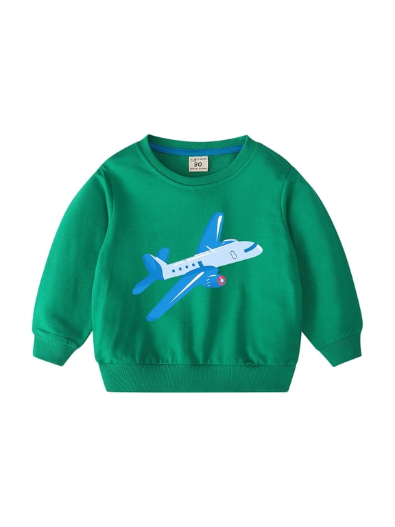 2-10Years Toddler Baby Girl Boy Airplane Print Sweatshirt Long Sleeve Crewneck T-Shirt Fall Clothes Pullover Tops Green
