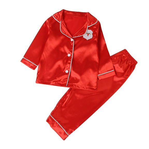 Zwiiyzr 2-14Y Kids Toddler Girl Boy Two Piece Pajamas Set Button Down Pajama Shirt Top Pants Long Sleeve Solid Satin Sleepwear Pjs Set Toddler To Big Kids Red
