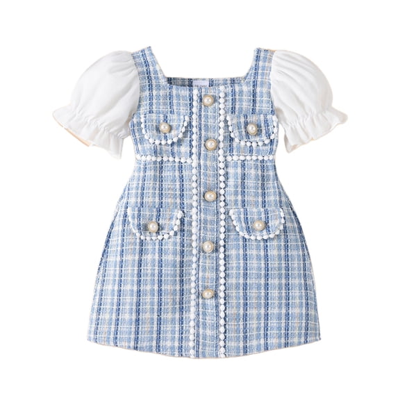 Zwiiyzr 2-8 Years Toddler Girls Spring And Summer Dresses Bubble Sleeve Patchwork Plaid Pearl Small Furs Ball Short Sleeved Dresses Blue